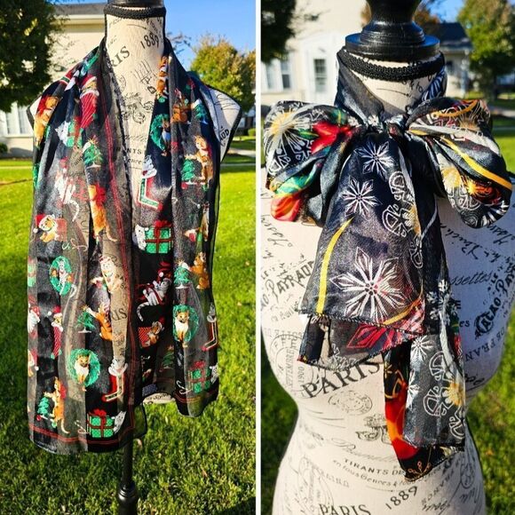 VTG Set Of 2 Festive Cats Ornament Print Oblong Holiday Theme Scarves. - Picture 5 of 15